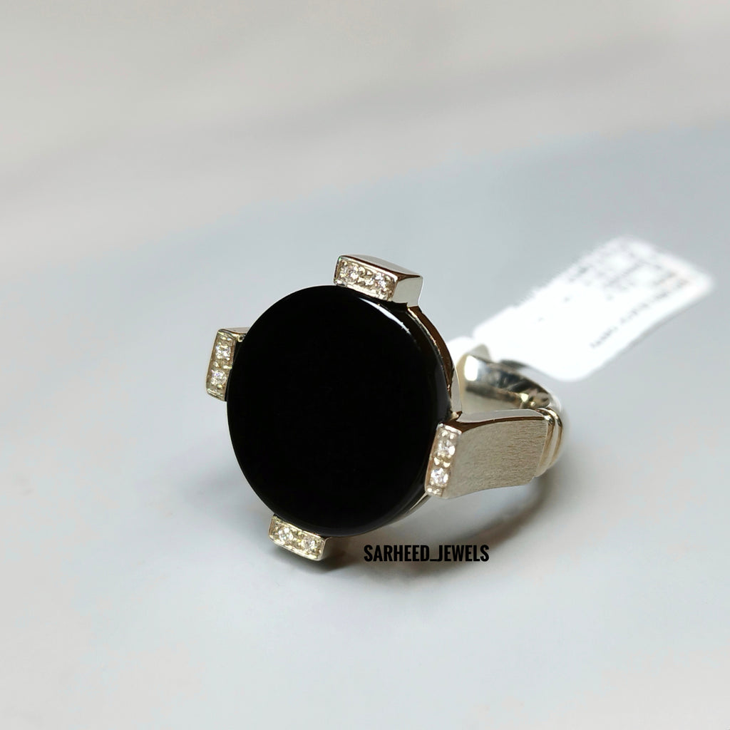 Natural Black Onyx and Diamond Men Ring