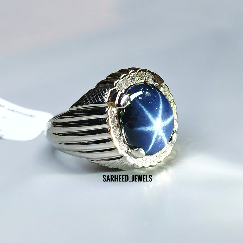 Natural Star Sapphire and Diamond Men Ring