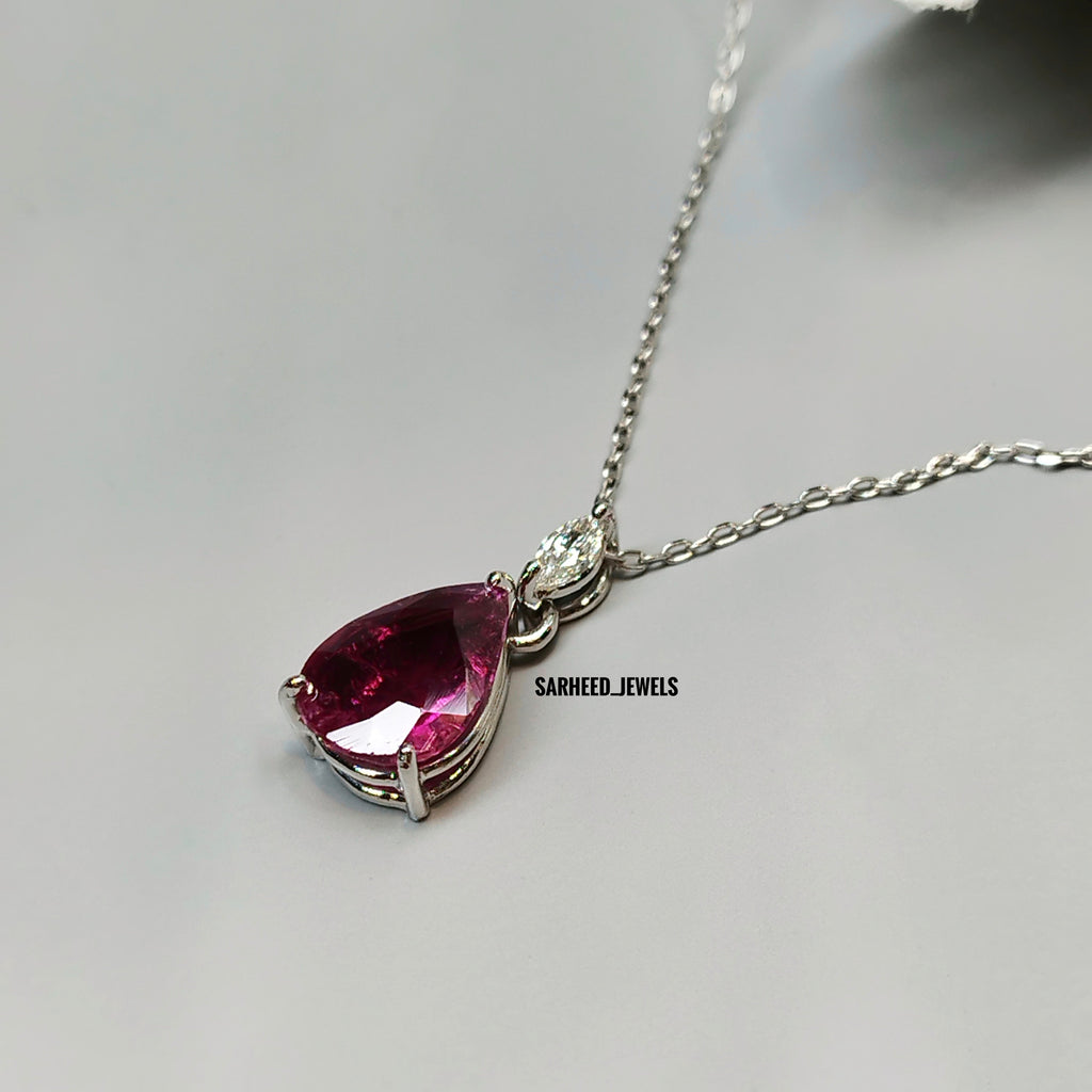 Natural Rubellite Tourmaline and Diamond Gold Necklace