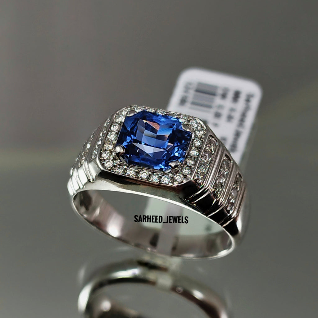 Natural Blue Sapphire and Diamond Men Ring