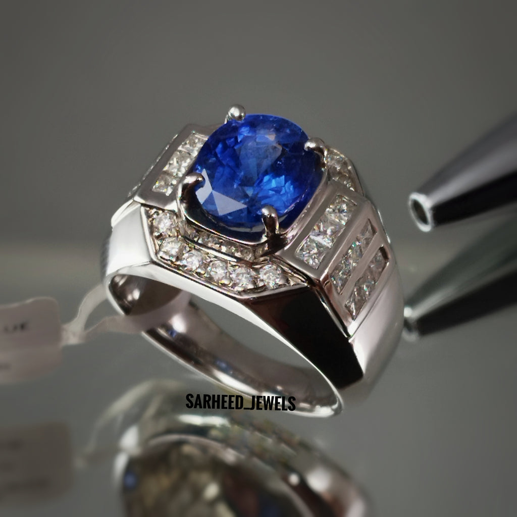 Natural Blue Sapphire and Diamond Men Ring