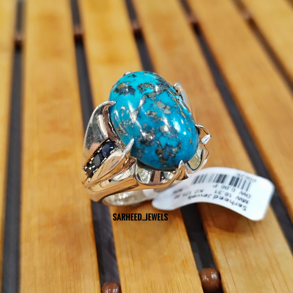 Natural Turquoise and Sapphire Men Ring