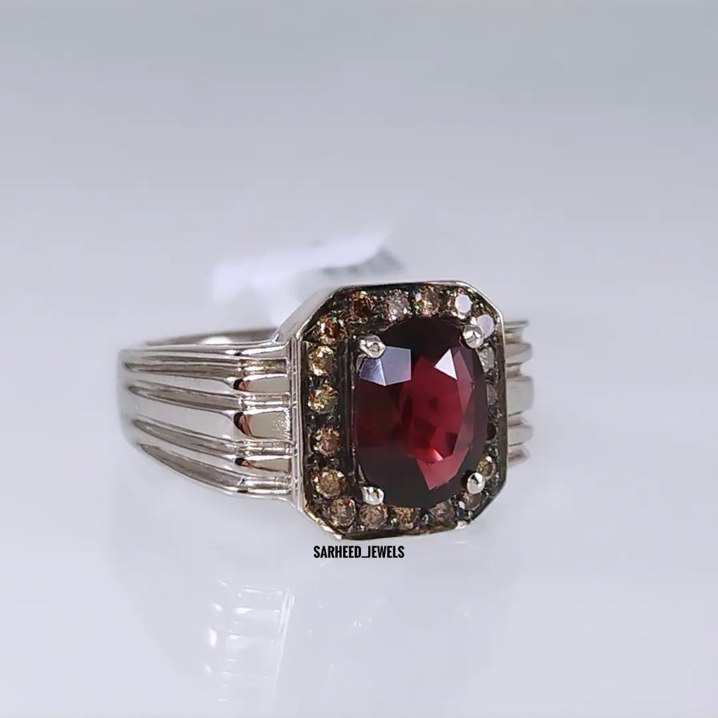 Natural Garnet and Brown Diamond Men Ring