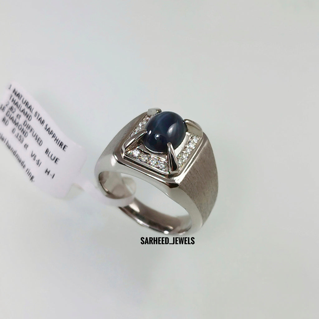 Natural Star Sapphire and Diamond Men Ring