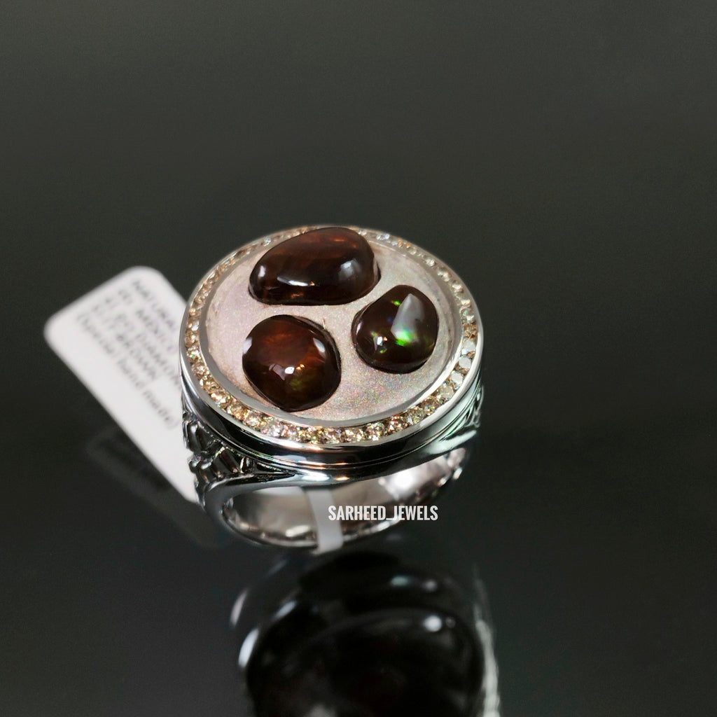 Natural Fire Agate and Brown Diamond Men Ring