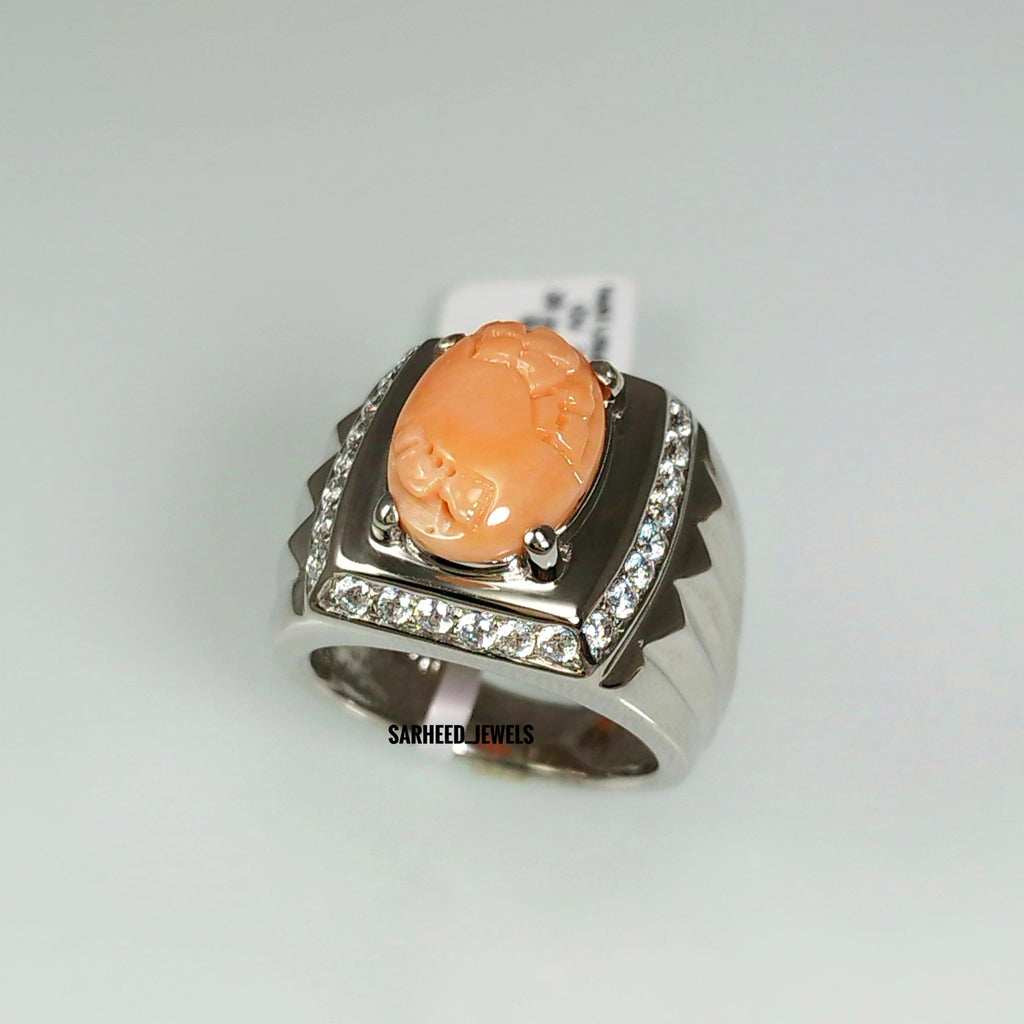 Natural Coral and Cubic Zircon Men Ring