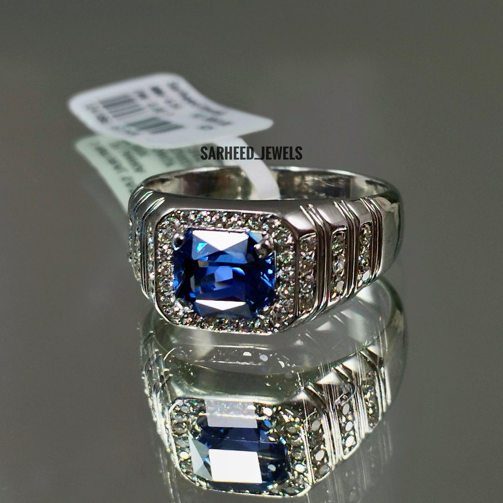 Natural Blue Sapphire and Diamond Men Ring