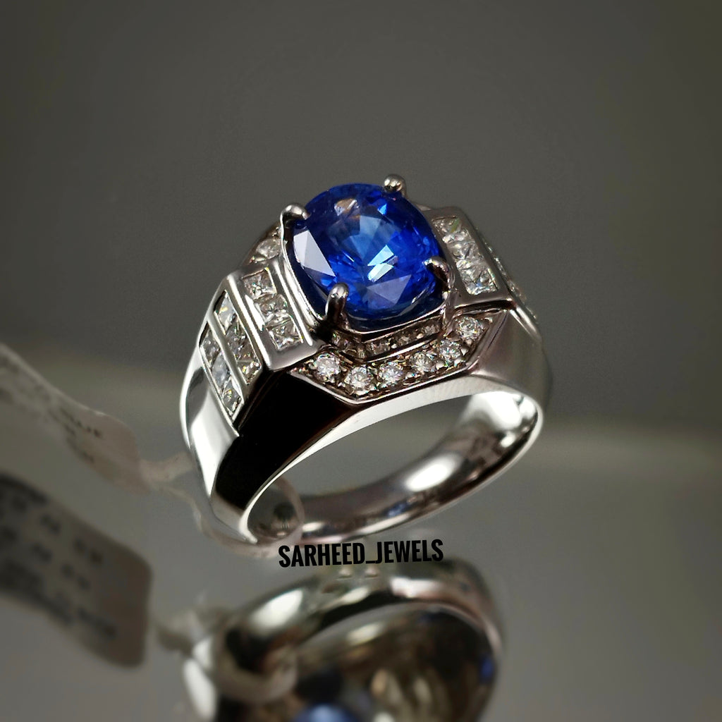 Natural Blue Sapphire and Diamond Men Ring