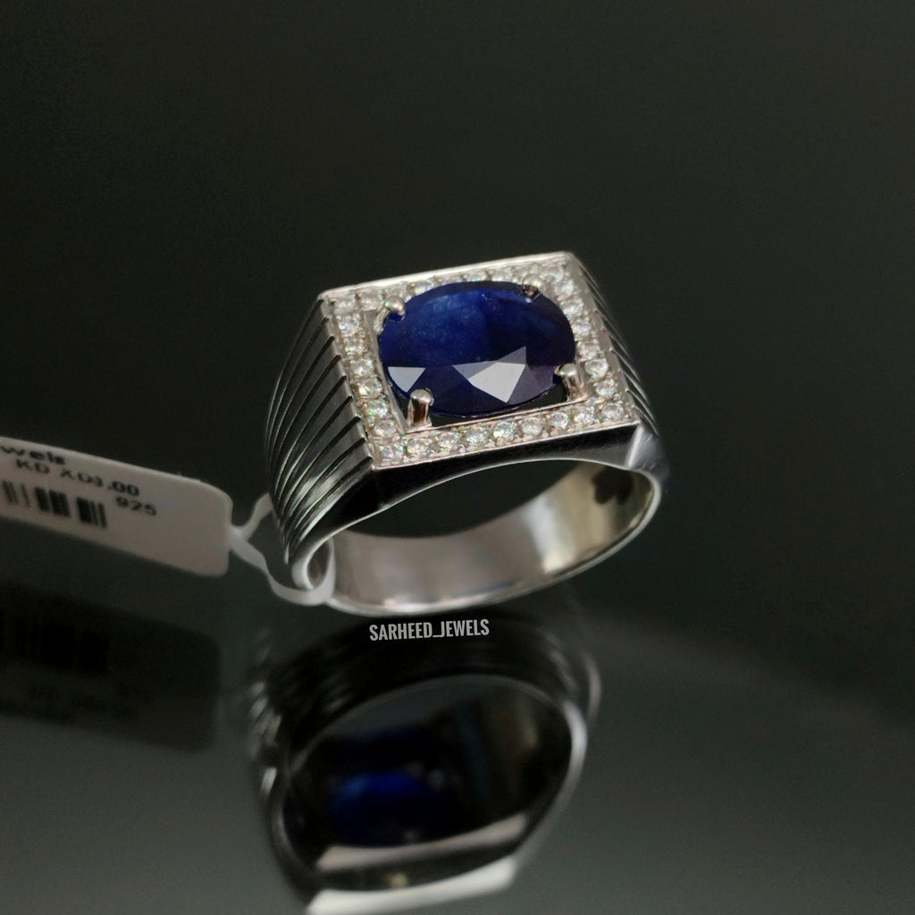 Natural Sapphire and Cubic Zircon Men Ring