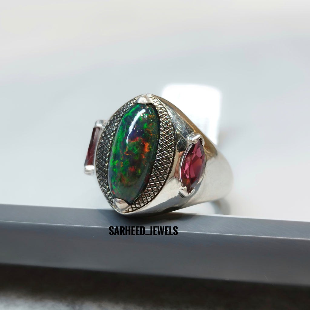 Natural Opal and Garnet Men Ring