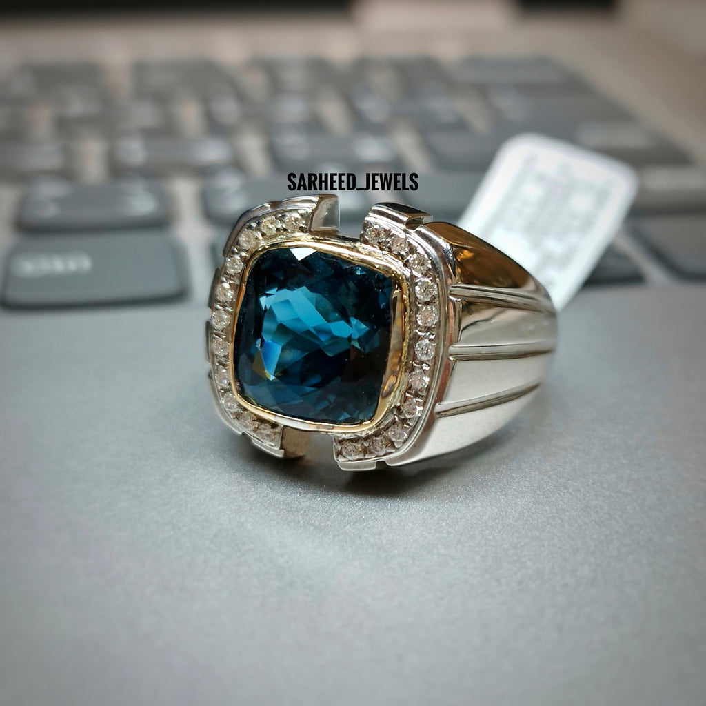 Natural London Blue Topaz and Diamond Men Ring