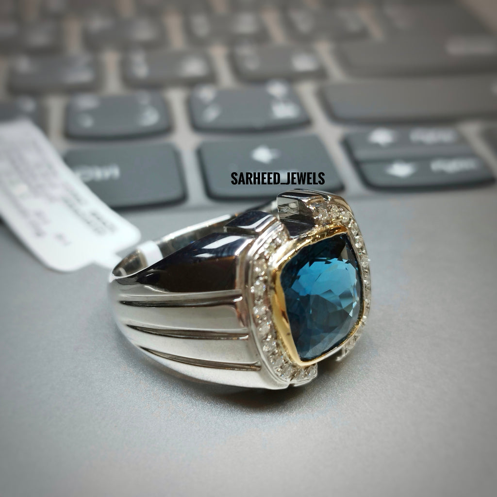 Natural London Blue Topaz and Diamond Men Ring