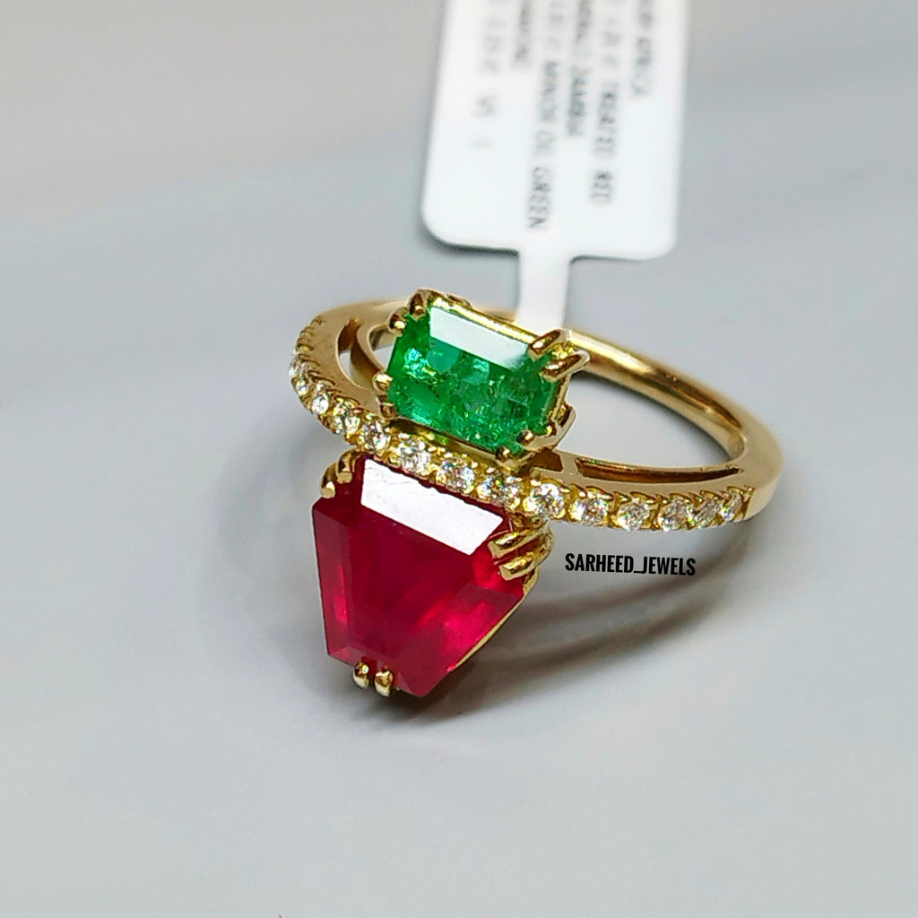Natural Ruby, Emerald, and Diamond Gold Ring