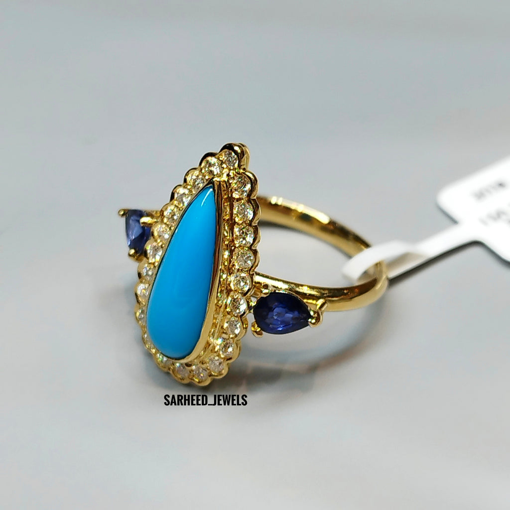 Natural Turquoise, Sapphire and Diamond Gold Ring