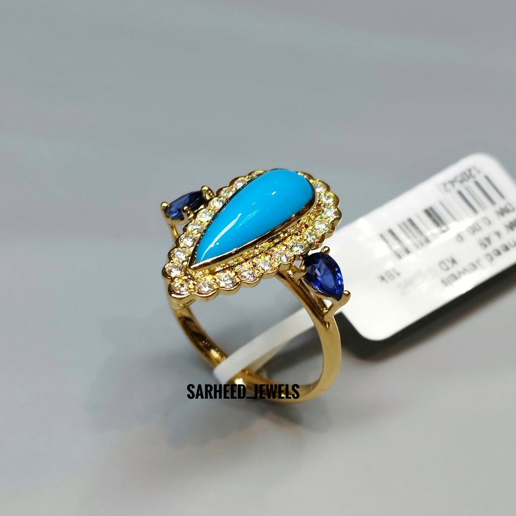 Natural Turquoise, Sapphire and Diamond Gold Ring