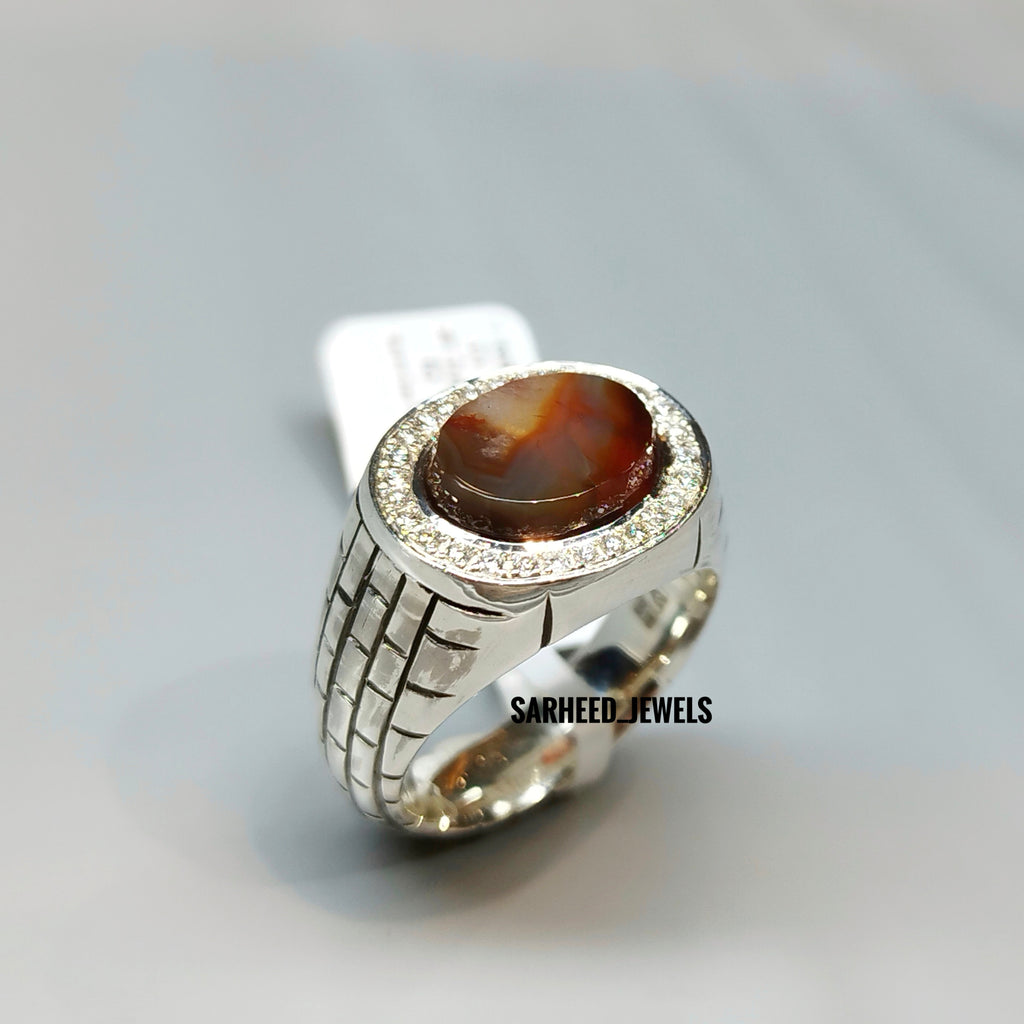 Natural Agate and Diamond Men Ring