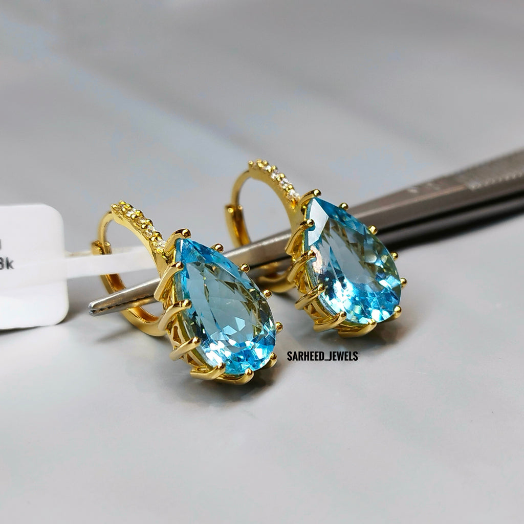 Natural Blue Topaz and Diamond Gold Earrings