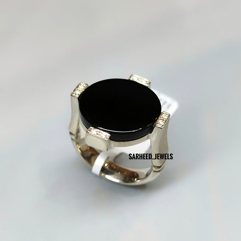 Natural Black Onyx and Diamond Men Ring