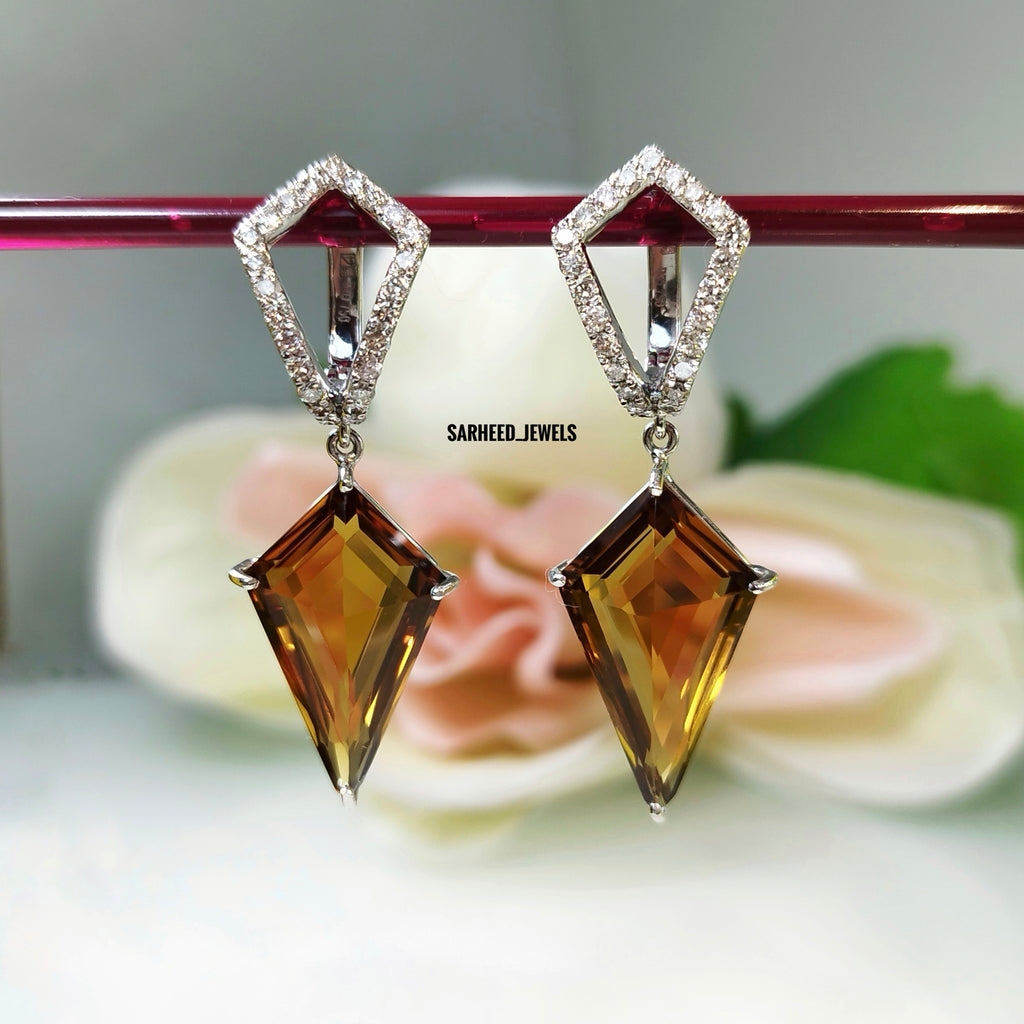 Natural Honey-Color Citrine and Diamond Gold Earrings