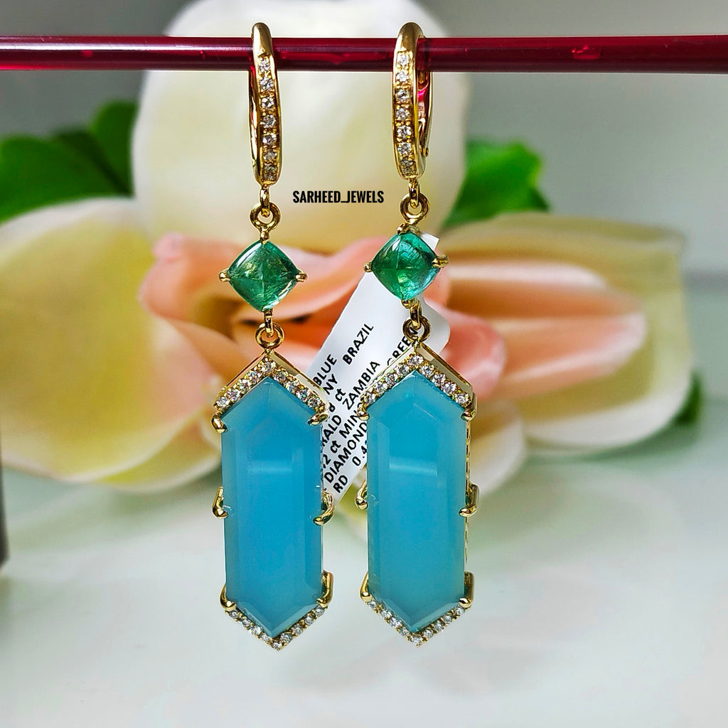 Natural Chalcedony, Emerald and Diamond Gold Earrings