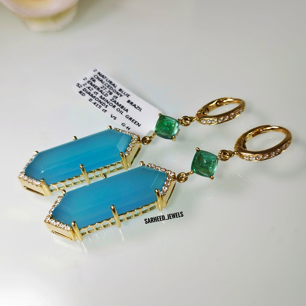 Natural Chalcedony, Emerald and Diamond Gold Earrings