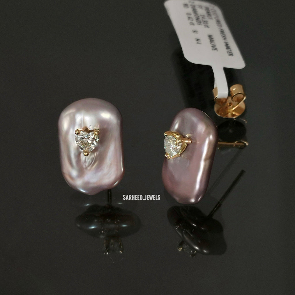 Cultured Pearls and Heart-Shape Diamonds Gold Studs