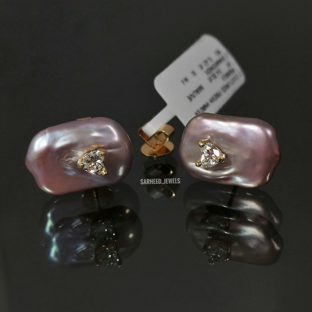 Cultured Pearls and Heart-Shape Diamonds Gold Studs