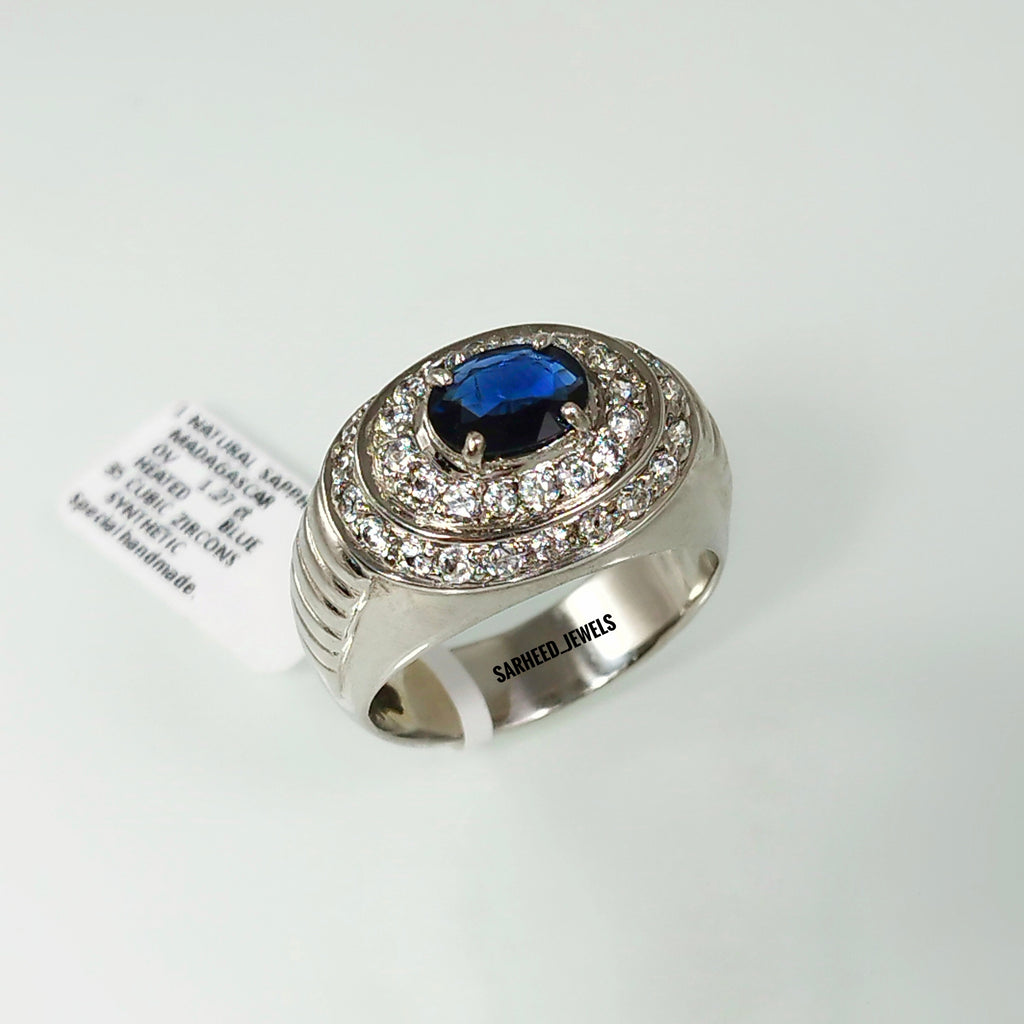 Natural Sapphire and Cubic Zircon Men Ring