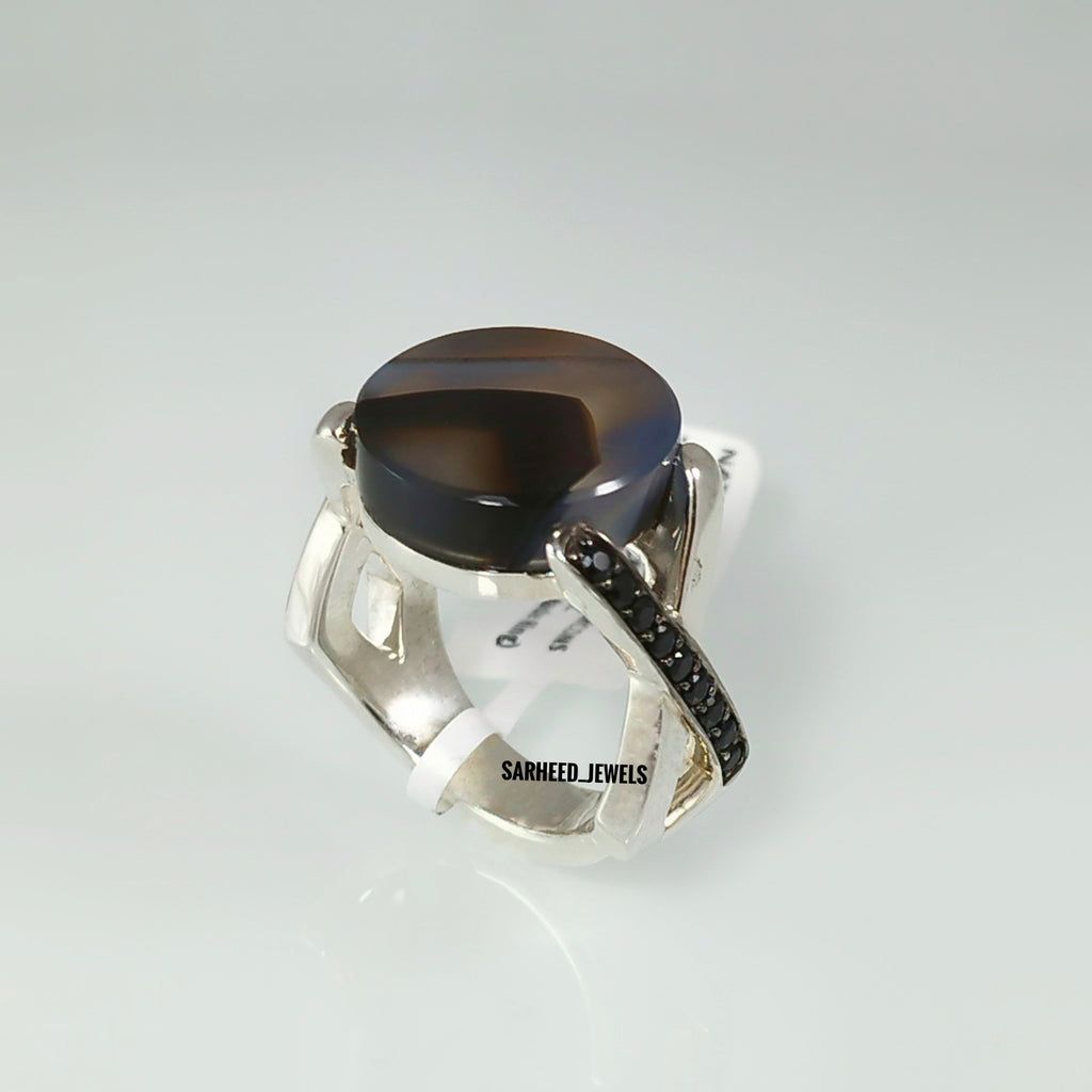 Natural Agate and Cubic Zircon Men Ring