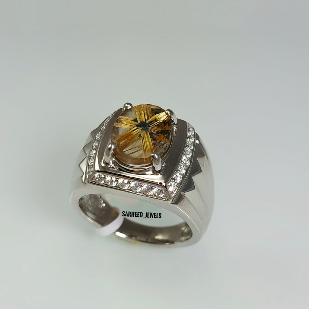 Natural Rutile Quartz and Cubic Zircon Men Ring