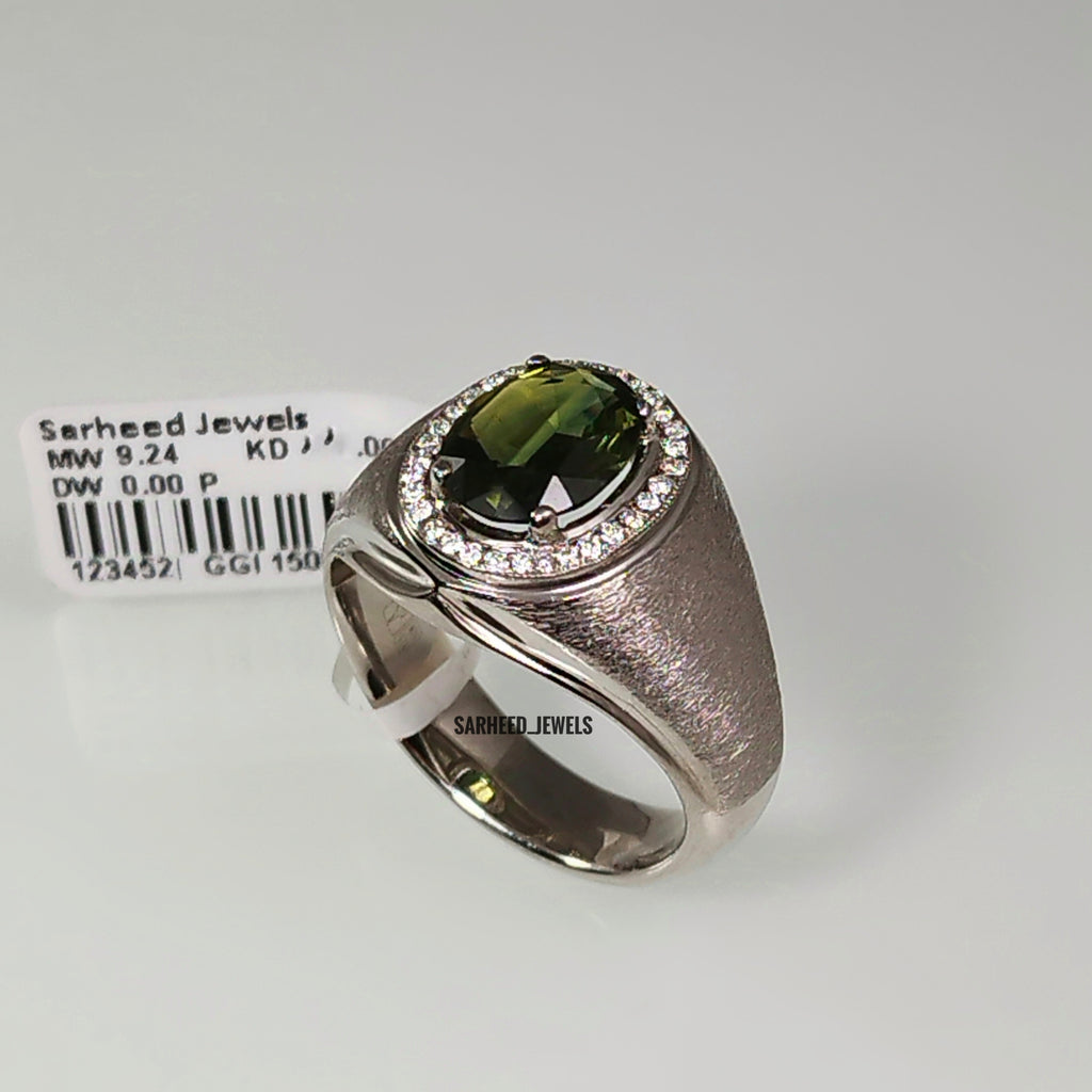 Natural Green Sapphire and Diamond Men Ring