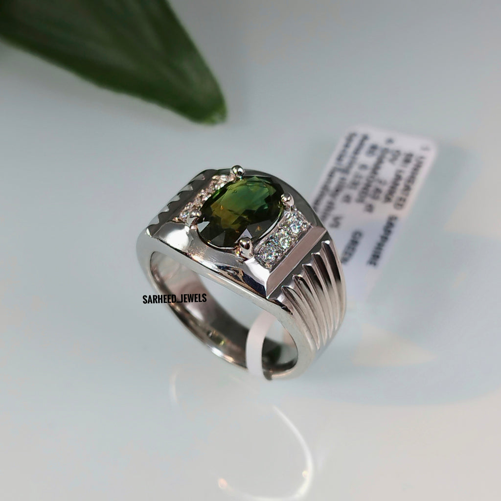 Natural Green Sapphire and Diamond Men Ring