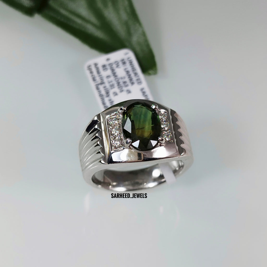 Natural Green Sapphire and Diamond Men Ring