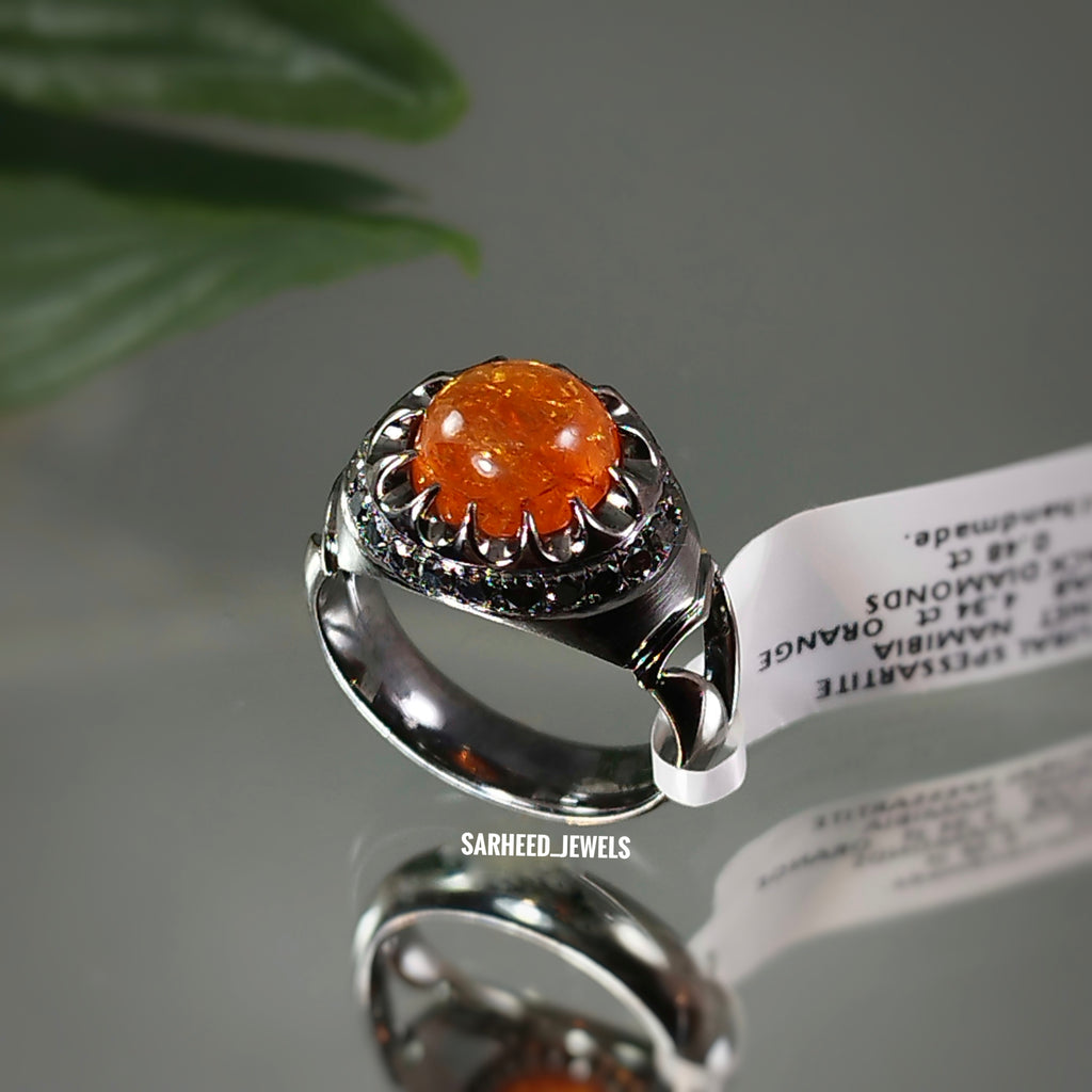 Natural Spessartite Garnet and Black Diamond Men Ring