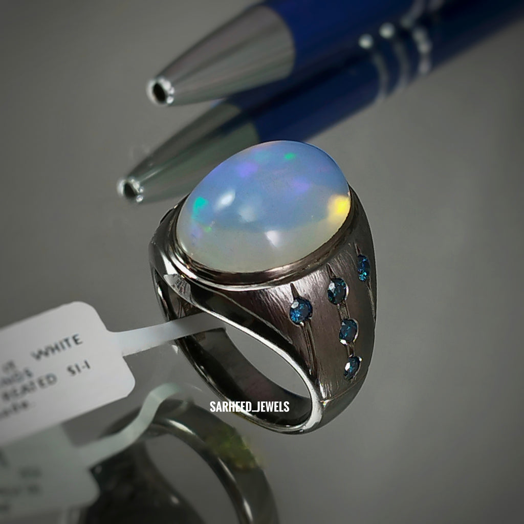 Natural Opal and Blue Diamond Men Ring