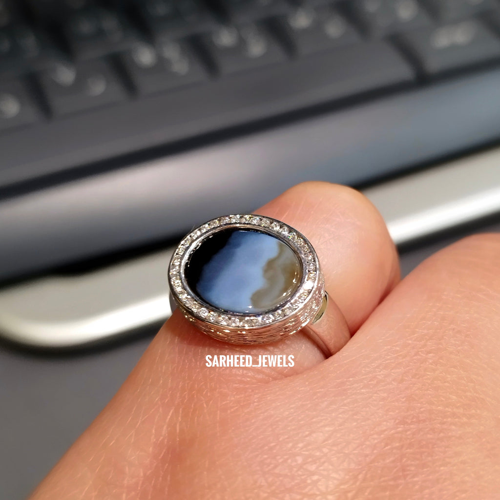 Natural Agate & Diamond Men Ring
