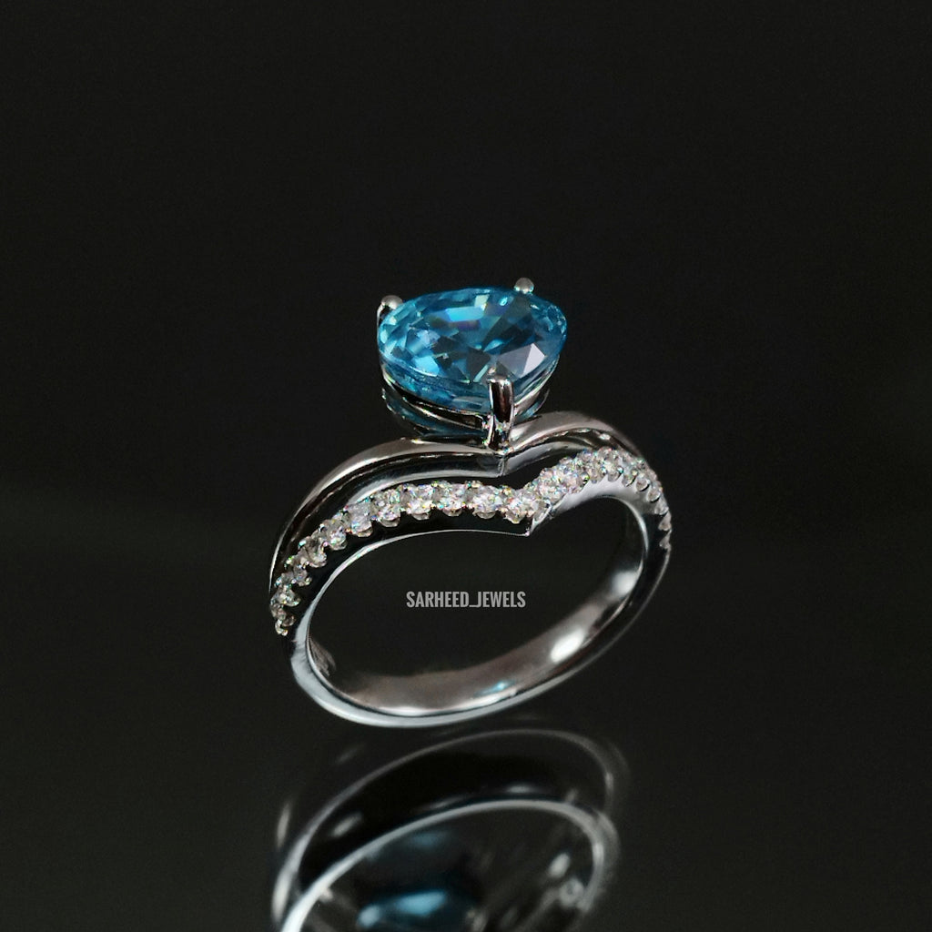Natural Blue Zircon and Diamond White Gold Ring