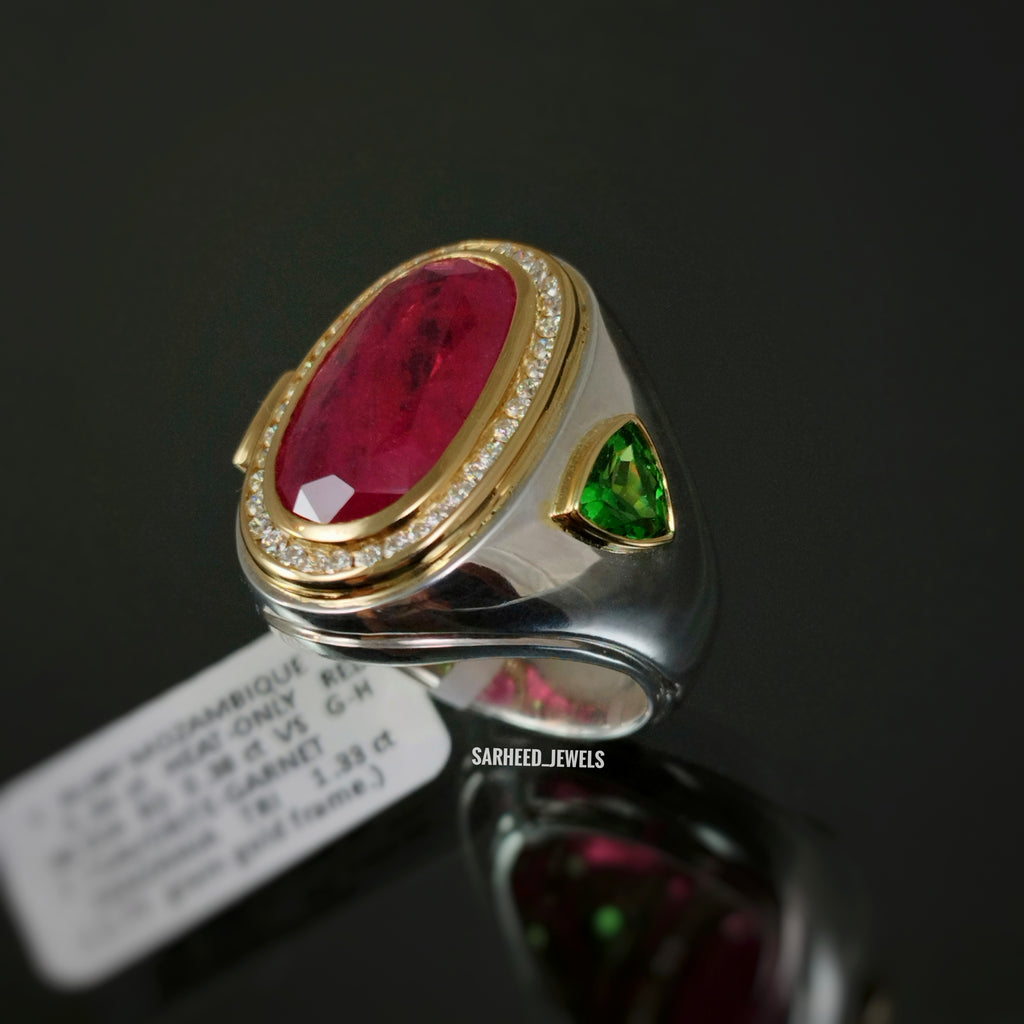 Natural Ruby, Tsavorites and Diamond Gold Frame Silver Men Ring