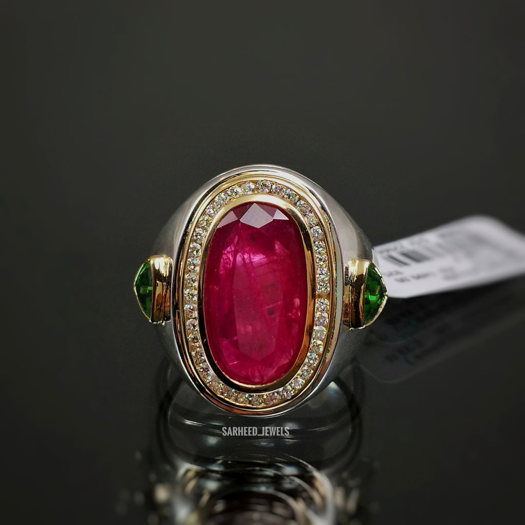 Natural Ruby, Tsavorites and Diamond Gold Frame Silver Men Ring