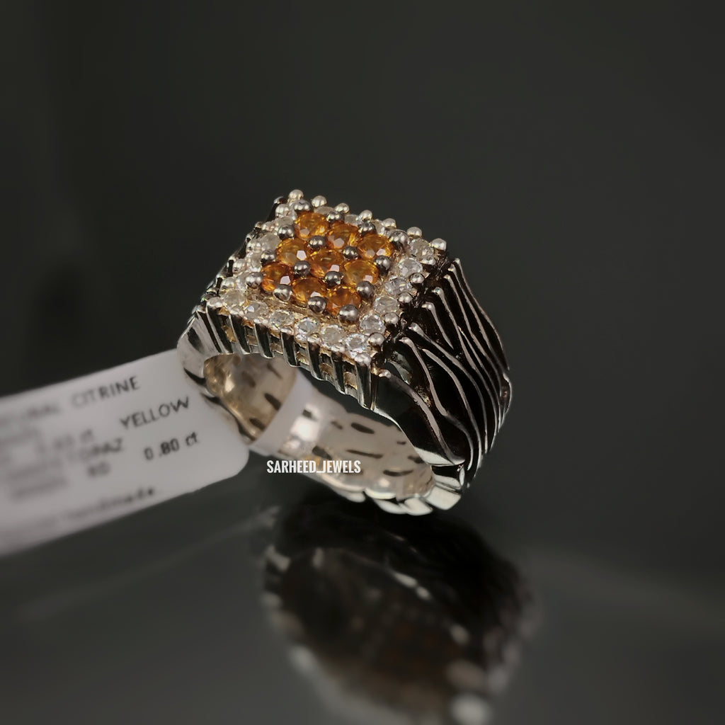 Natural Citrine and White Topaz Men Ring