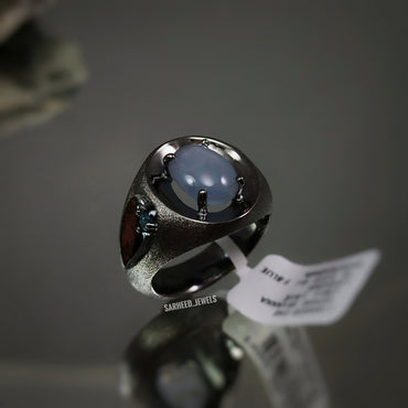 Un-heated Star Sapphire and Blue Diamond Men Ring