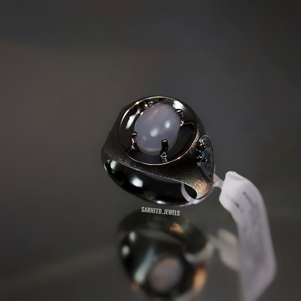 Un-heated Star Sapphire and Blue Diamond Men Ring