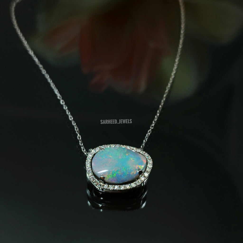 Natural Opal and Diamond White Gold Necklace