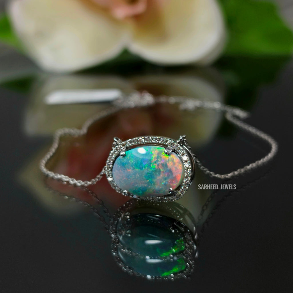 Natural Opal and Diamond White Gold Necklace