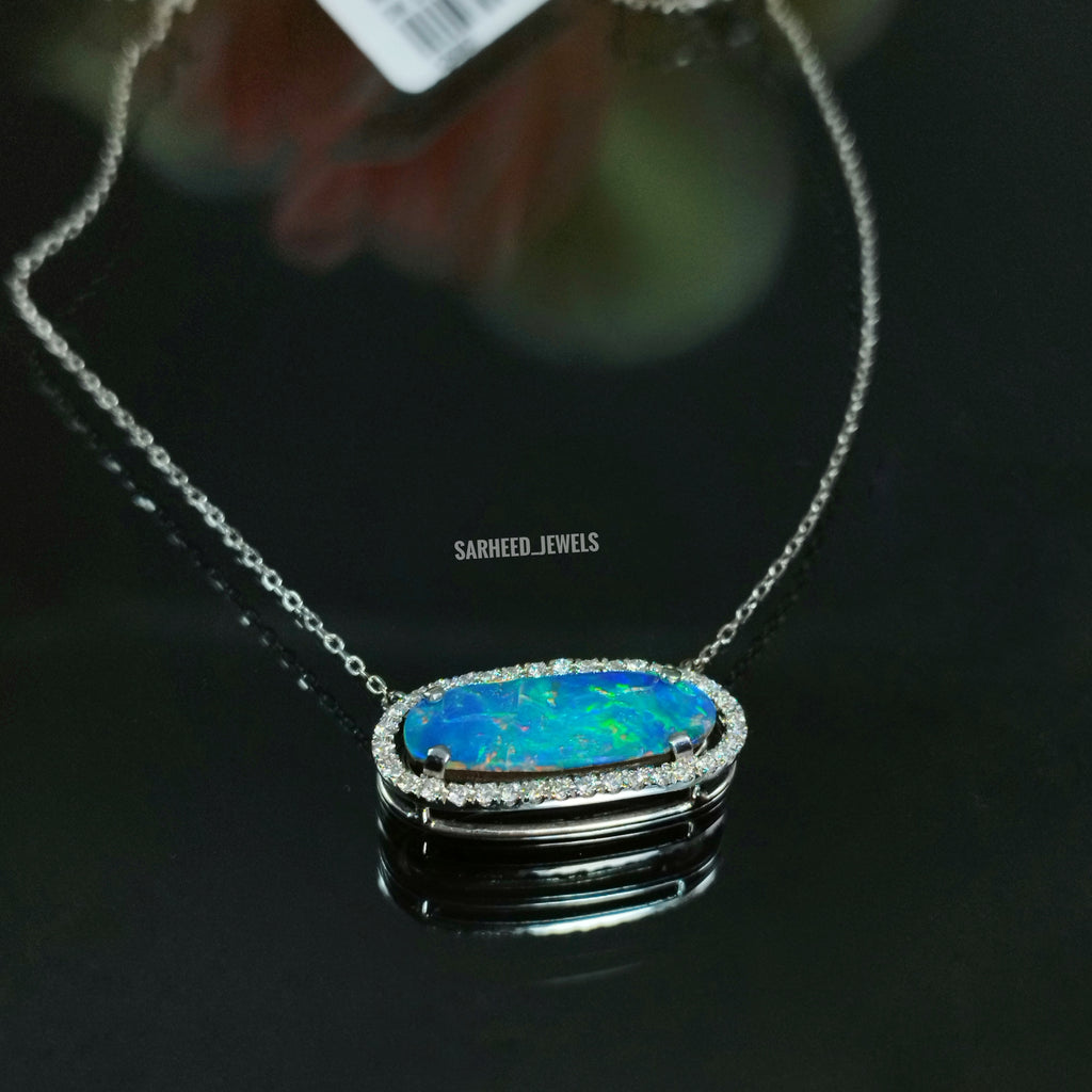 Natural Black Opal and Diamond White Gold Necklace