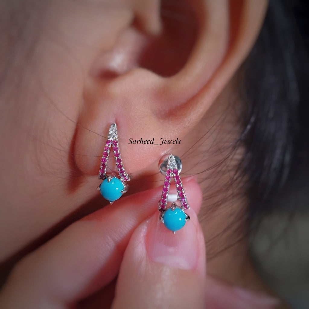 Natural Turquoise,Rubies & Diamond Gold Earrings