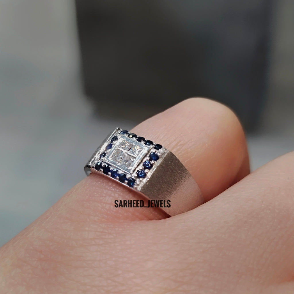 Princess Cut Diamond and Sapphire Men Ring