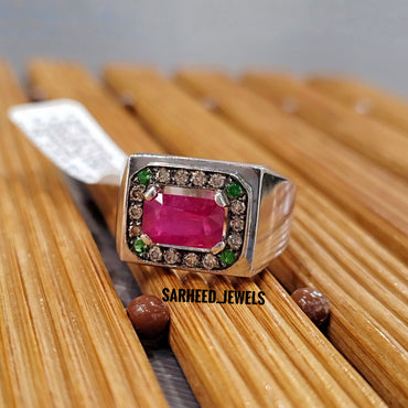Natural Ruby, Tsavorite & Diamond Men Ring