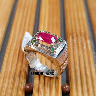 Natural Ruby, Tsavorite & Diamond Men Ring