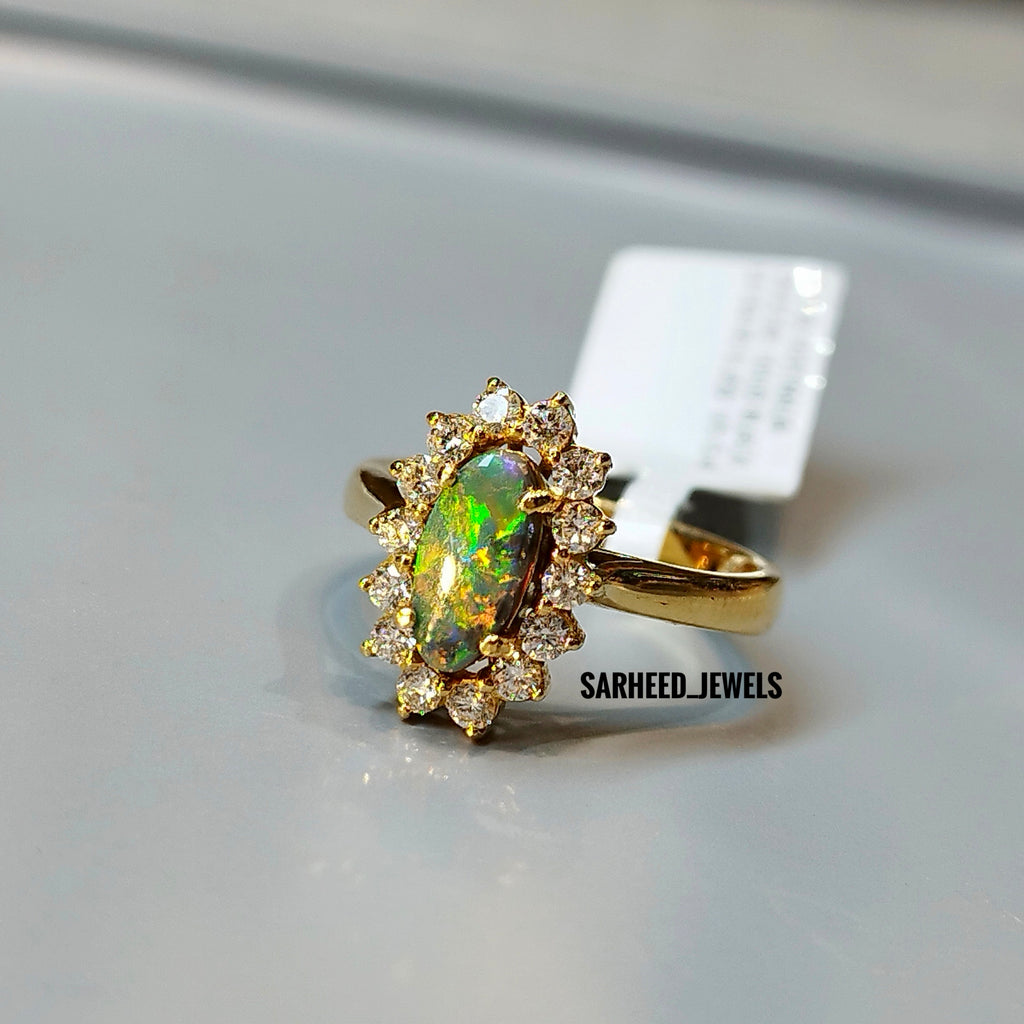 Natural Solid Black Opal and Diamond Gold Ring